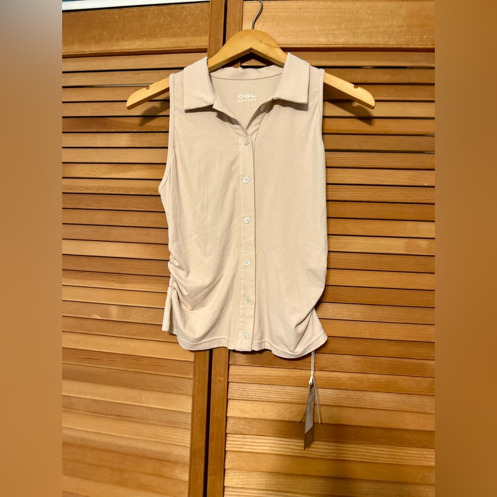 OGL Women's Cream Button Down Sleeveless Shirt